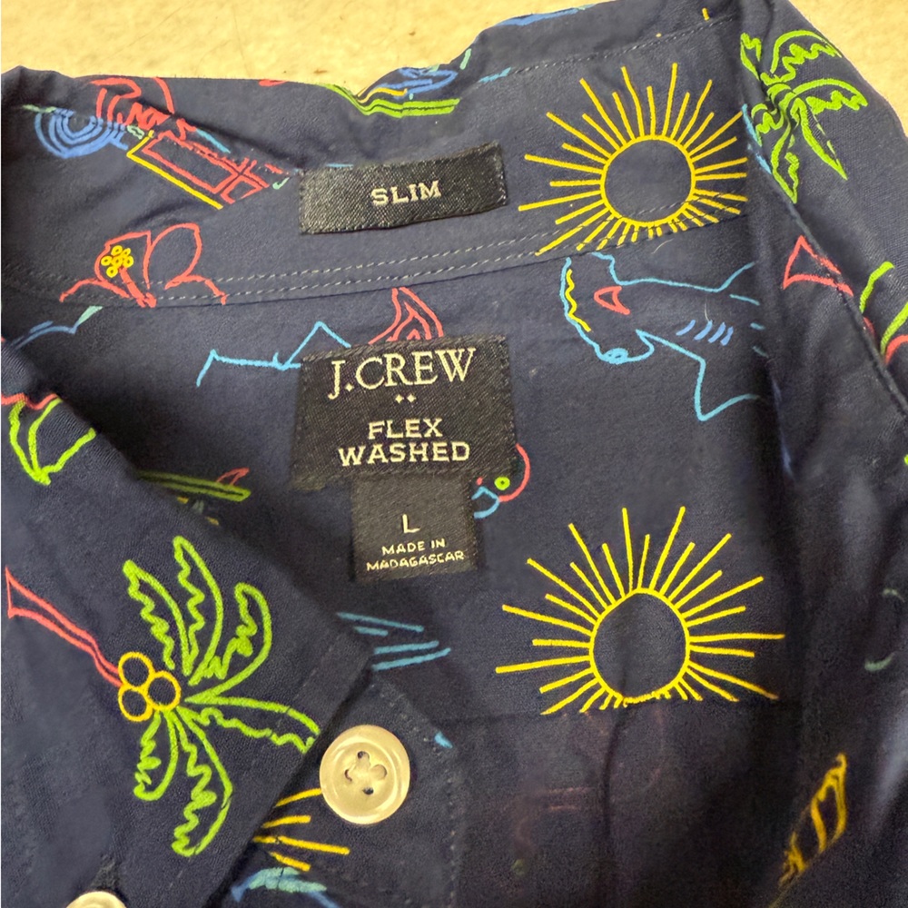 NWOT J. Crew Men’s L Navy Surf Beach AOP Short Sleeve Slim Flex Button Down - Picture 4 of 6